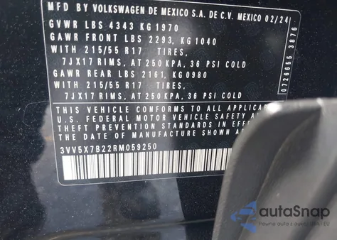 2024 Volkswagen Taos 1.5T S из США, поврежденный, VIN 3VV5X7B22RM059250